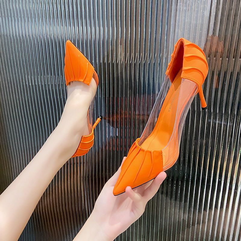 2026 New Elegant and Stylish Pleated Pointed-Toe High Heels for Women, New Transparent Patchwork Shallow Mouth Versatile Single Shoes