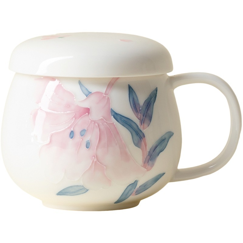 墨己有田烧百合花马克杯带盖办公室茶杯陶瓷个人泡茶杯茶水分离杯|undefined
