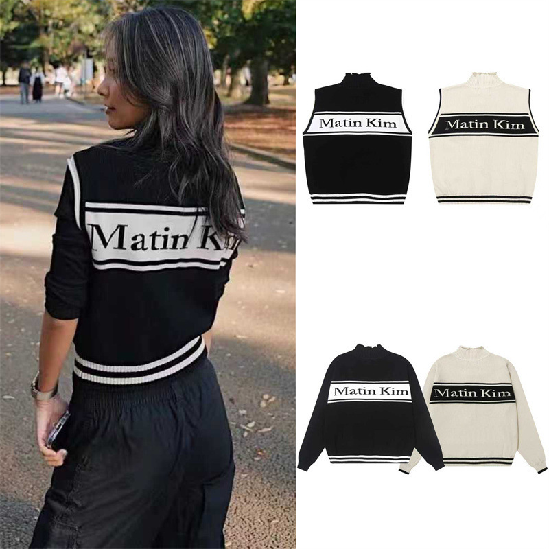 Korean Niche Trendy Brand New Mk Letter Color Matching Vest Long-Sleeved Knitwear Knitwear Men's and Women's Tops and Jackets