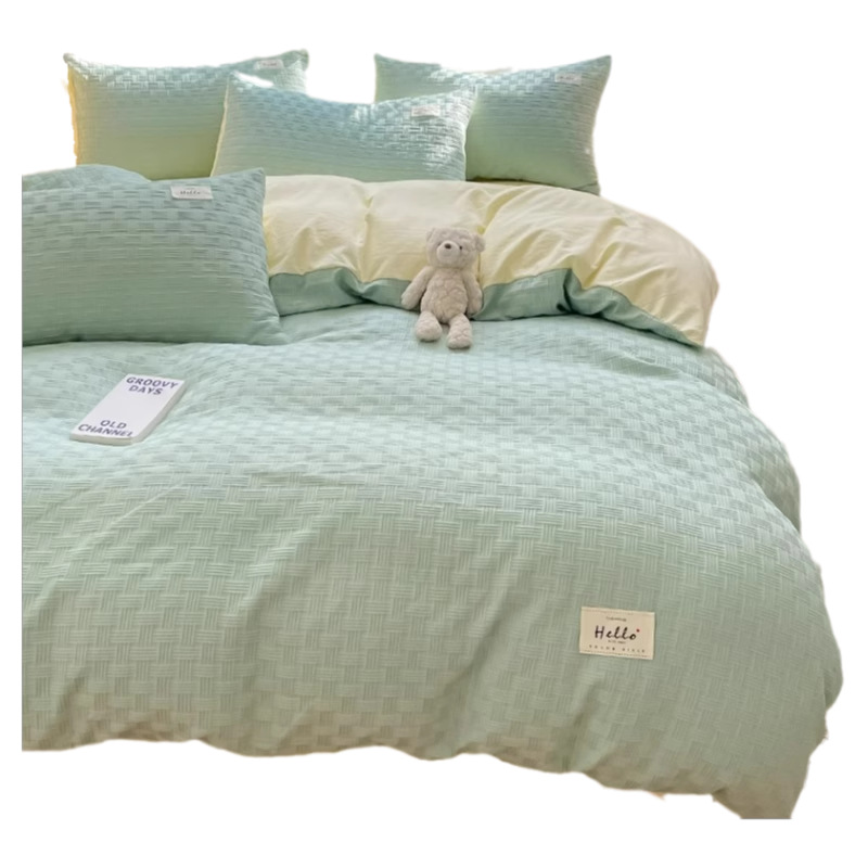 Cama de algodón lavada de hilo de doble capa fresca de cuatro piezas, funda de edredón de estilo crema, sábana de dormitorio de estudiantes, juego de tres piezas