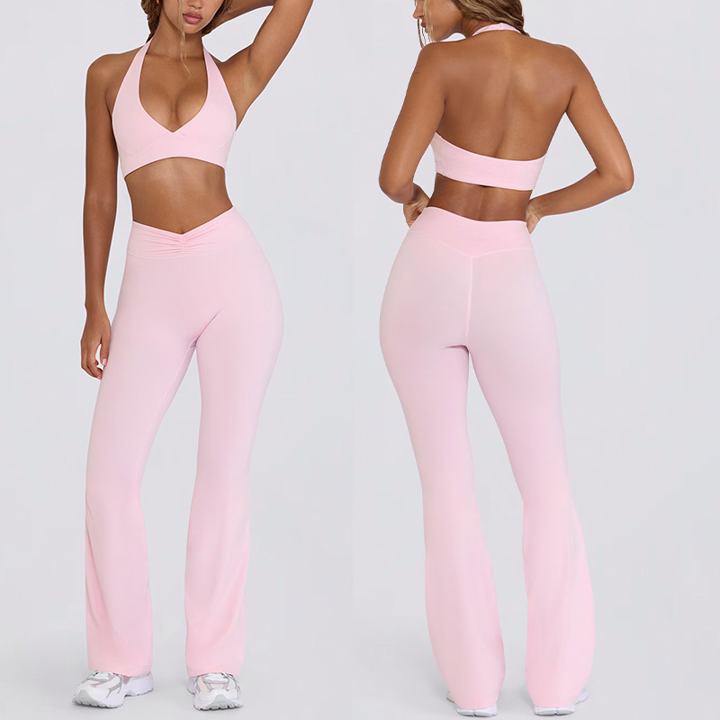Strappy Backless Nude Beauty Back Running Halter Sports Bra Fitness Flared Pants Yoga Outfit Set for Women