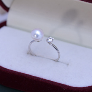 Freshwater Pearl 7-8mm round white strong light almost flawless S925 Silver Princess ring simple wind design