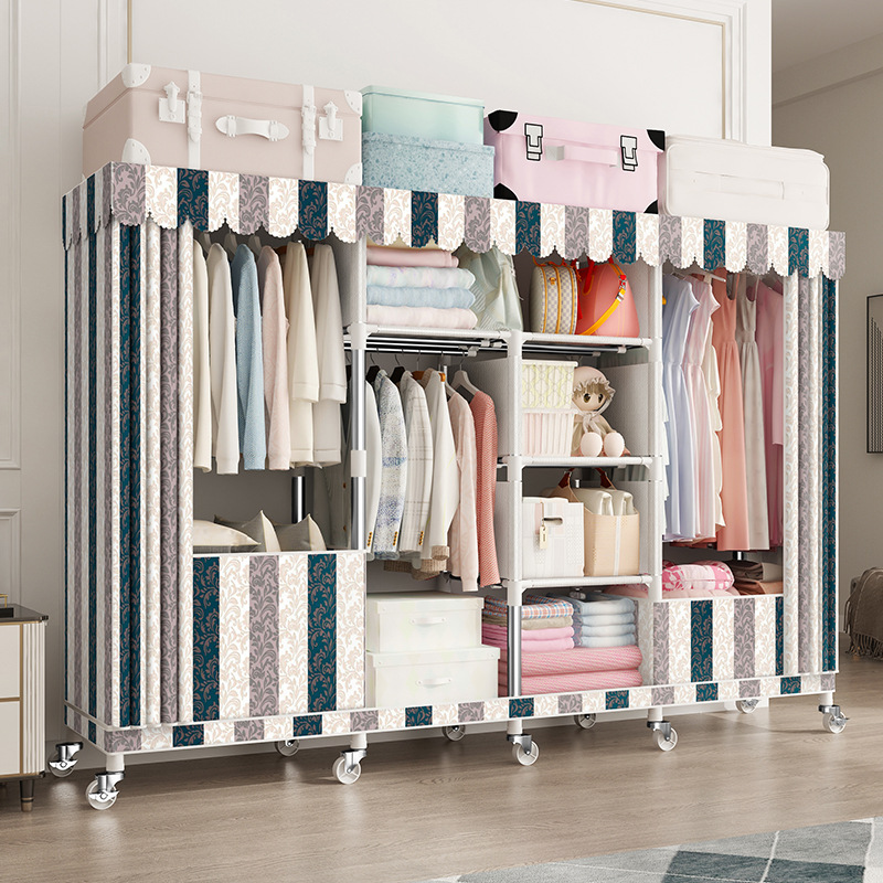 Cremallera completamente cerrado armario de tela simple tubo de acero reforzado en negrita espesado marco de acero completo gabinete de tela de almacenamiento en casa con ruedas