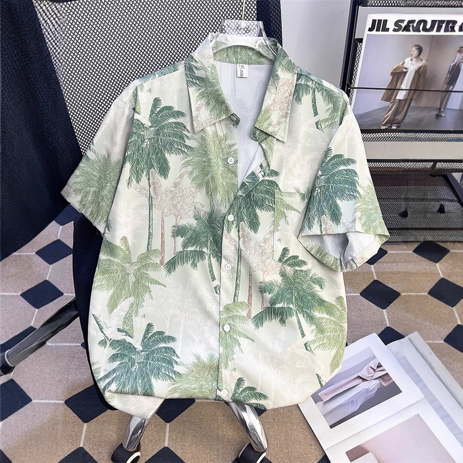 Summer Island Plant Theme Printed Short-sleeved Shirt Men's Hong Kong Style Fashion Brand Loose Bf Style Couple's Beach Flower Shirt