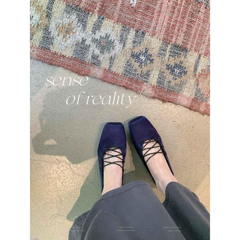 Sheepskin Version~Grape Ma Style Mary Jane Shoes for Women, Satin Finish, Elegant Square Toe, Cross-Strap Ballet Flat Shoes