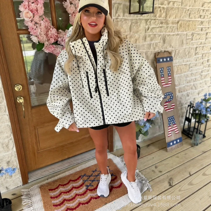 Polka Dot Hooded Jacket for Women 2026 New Style Loose Casual Windproof Sun Protection Rainproof Jacket Drawstring Slimming Jacket