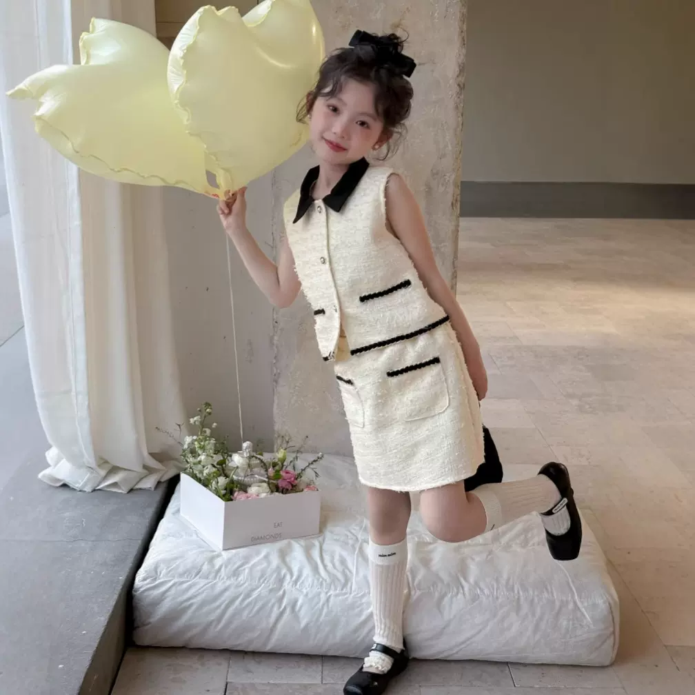 童套装2025夏款女童富家千金风无袖背心上衣半裙套装小香风两件套