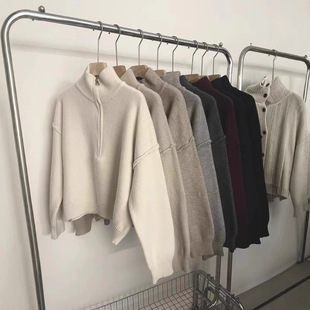 Foreign Trade New Half Zip Vertical Collar Sweater Women's Autumn and Winter Loose Short Solid Color Thick Simple Pullover Sweater for Women
