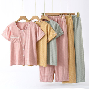 Japanese style simple round neck small plaid summer short sleeve women's cotton gauze trousers home wear suit outer wear pajamas