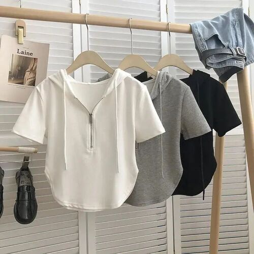 Summer Hooded Zip Short Sleeve T-Shirt for Women 2024 New Korean Style Fitted Short Length Hot Girl Pure Desire White Top Instagram