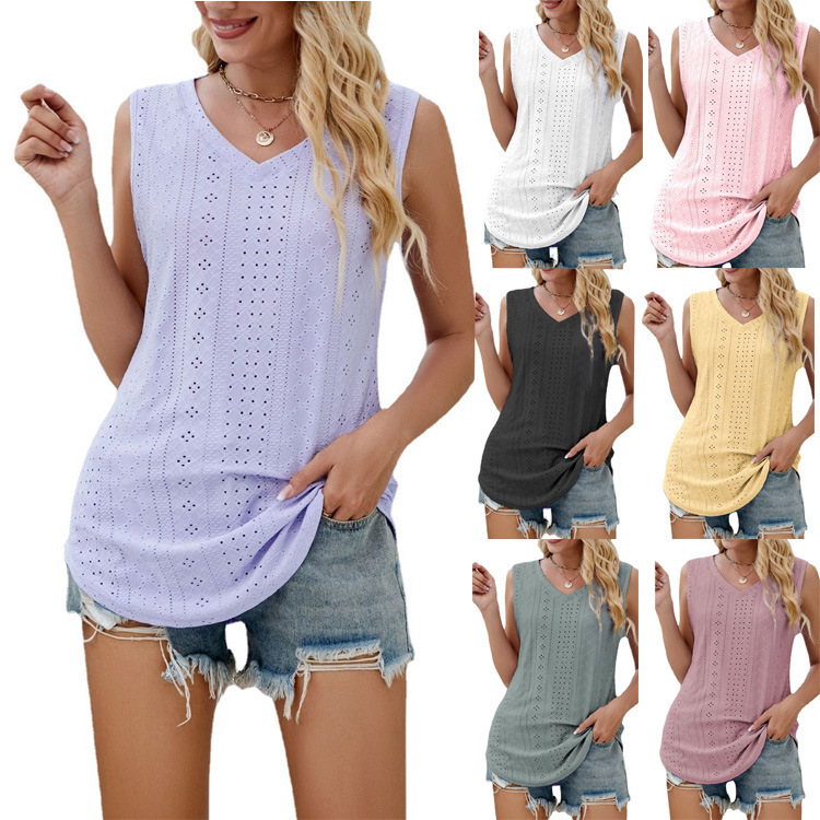 Amazon Independent Station European and American Cross-Border Export Women's Summer Casual V Neck Vest T-Shirt American Size Sleeveless Top