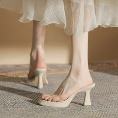 973-0露趾高跟鞋單鞋法式粗跟小眾後空涼鞋透明外穿絕美高跟鞋女