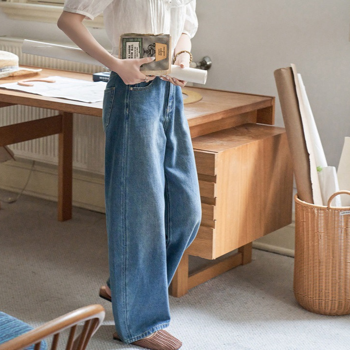 "White Drawing" "360-degree Good Version" Spring and Autumn Loose Straight Pants Machete Wide Leg Jeans Women