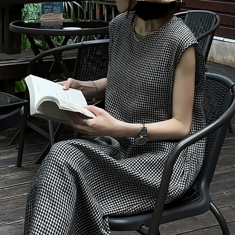 2025 лето новое платье в клетку корейской версии свободного тонкого покрытия