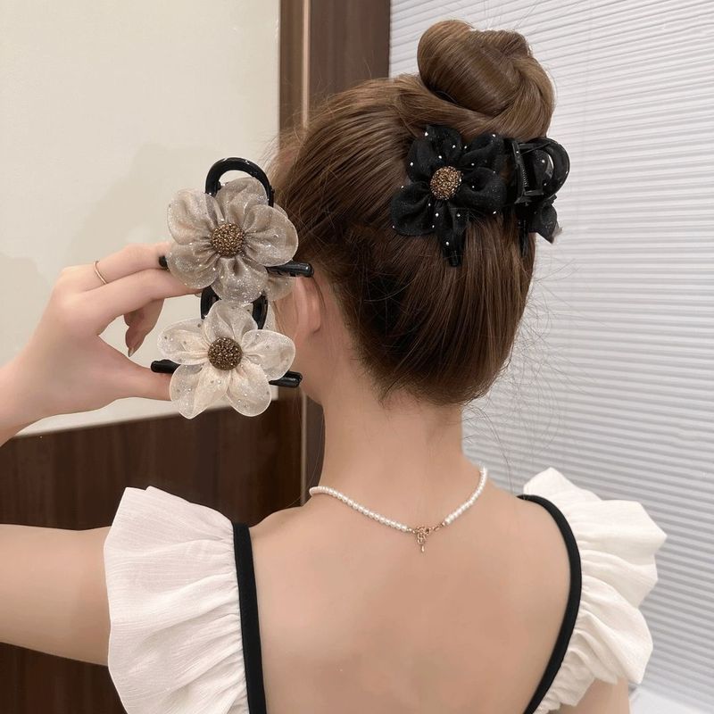 网纱水钻花朵抓夹女2025新款鲨鱼夹半扎高马尾发夹盘发丸子头发饰|undefined
