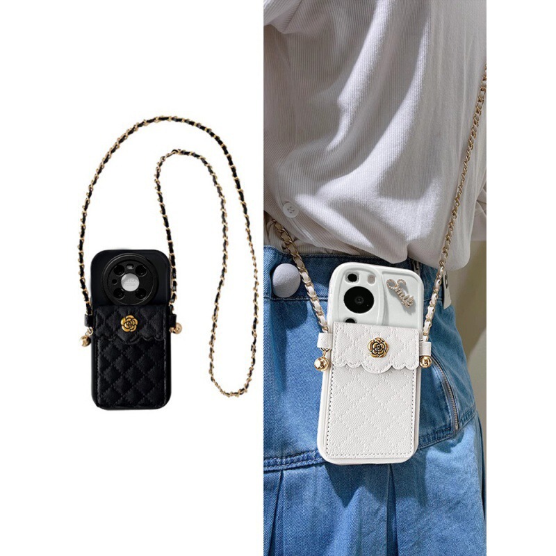 Camellia Small Fragrance Card Holder Suitable for Huawei Mate60Pro Mobile Phone Case Mate50 Crossbody Lanyard P60/P40