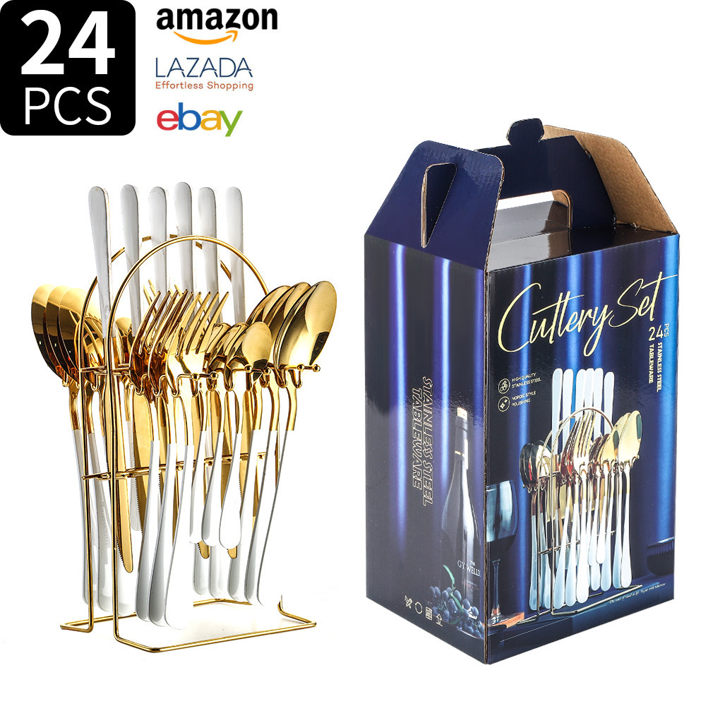 Fuente transfronteriza Amazon 1010 cubiertos de acero inoxidable cuchillo de comida occidental tenedor cuchara 24 piezas caja de regalo cuchara hotel