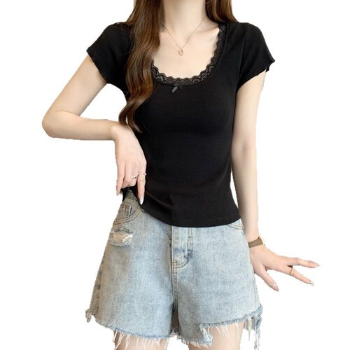 92% Cotton Off-Shoulder Short-Sleeve T-Shirt for Petite Women: Summer, Slim-Fit, Short-Length Top with Delicate Lace Bow—A Classy, Gentle, and Elegant Style