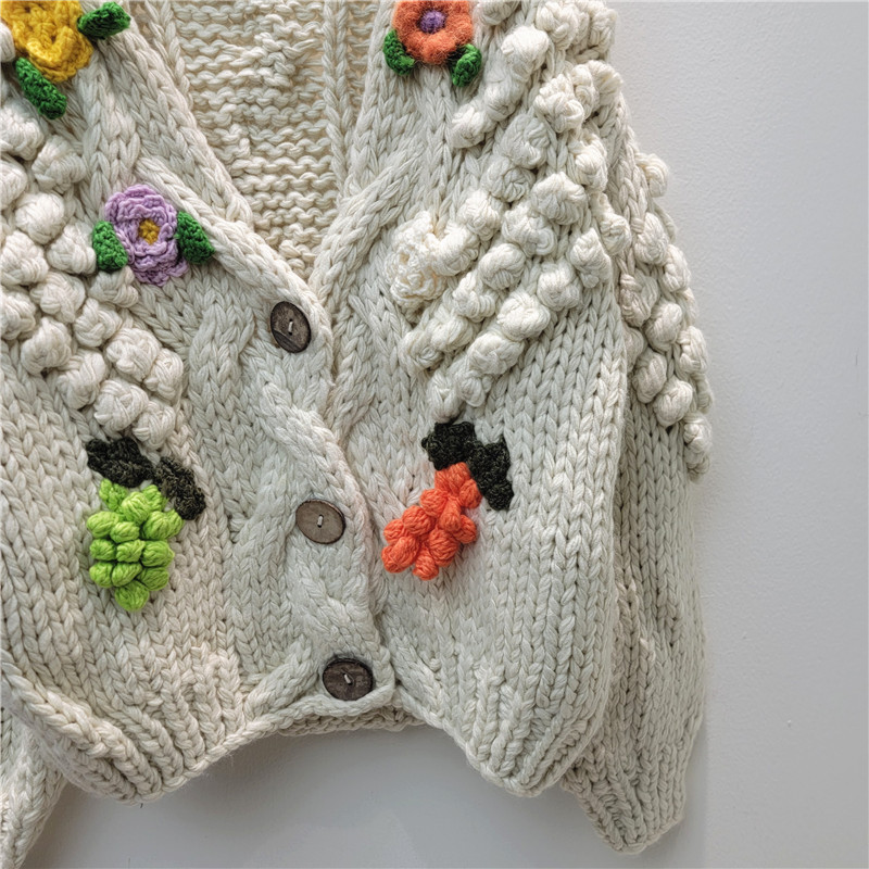 Flor tridimensional bola de lana de cuello en V de punto Cardigan mujeres 2025 invierno nuevo abrigo de estilo de mujer suelto dulce