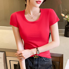 中国红大红色修身短袖t恤女2023年夏季新款纯色百搭上衣纯棉体恤