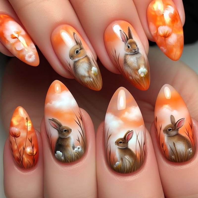 Easter Cute Rabbit Manicure Cross-Border Hot Selling Orange and White Gradient Nails Wearable Nails Almond Fake Nail Patch