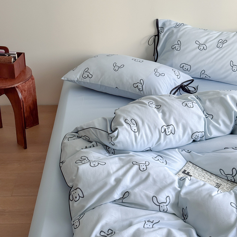 25 New Scandinavian Cartoon Puppy Cotton 60-Count Washed Cotton Printed Four-Piece Set of Heart Girl Heart Lace Pillowcases