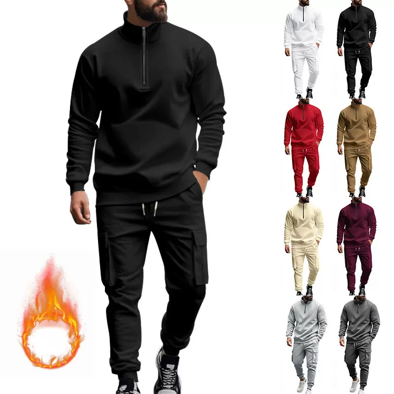 跨境秋冬男装亚马逊新款美式男休闲加绒保暖拉链男式运动长裤套装