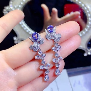 S925 new 5*7 water drop pear shaped tansan blue atmosphere full diamond light luxury high earrings
