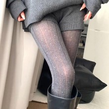 浅灰色宽条纹波点连裤袜秋冬复古时髦显瘦微透竖条纹外穿打底袜