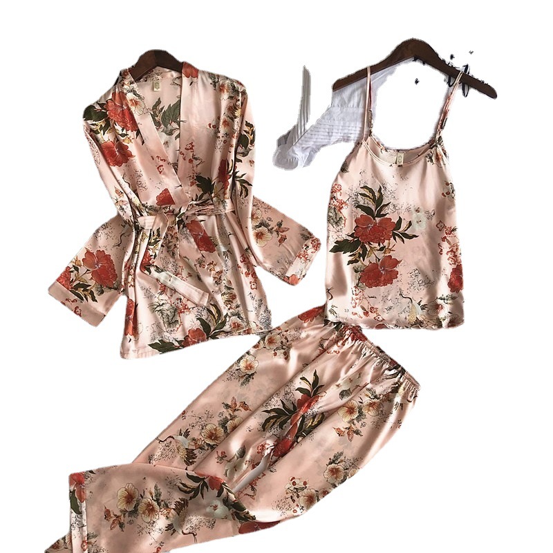 2023 nuevo color europeo y americano hogar desgaste camisón traje de tres piezas moda cómodo encaje pijamas traje al por mayor