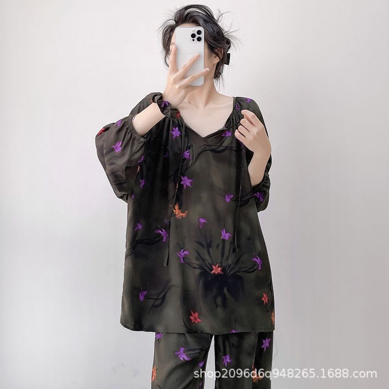 女性用パジャマ、春と秋の長袖人工綿シルク、国民風プリント、ゆったりとした大きいサイズの綿シルクホーム服セット、薄手|undefined