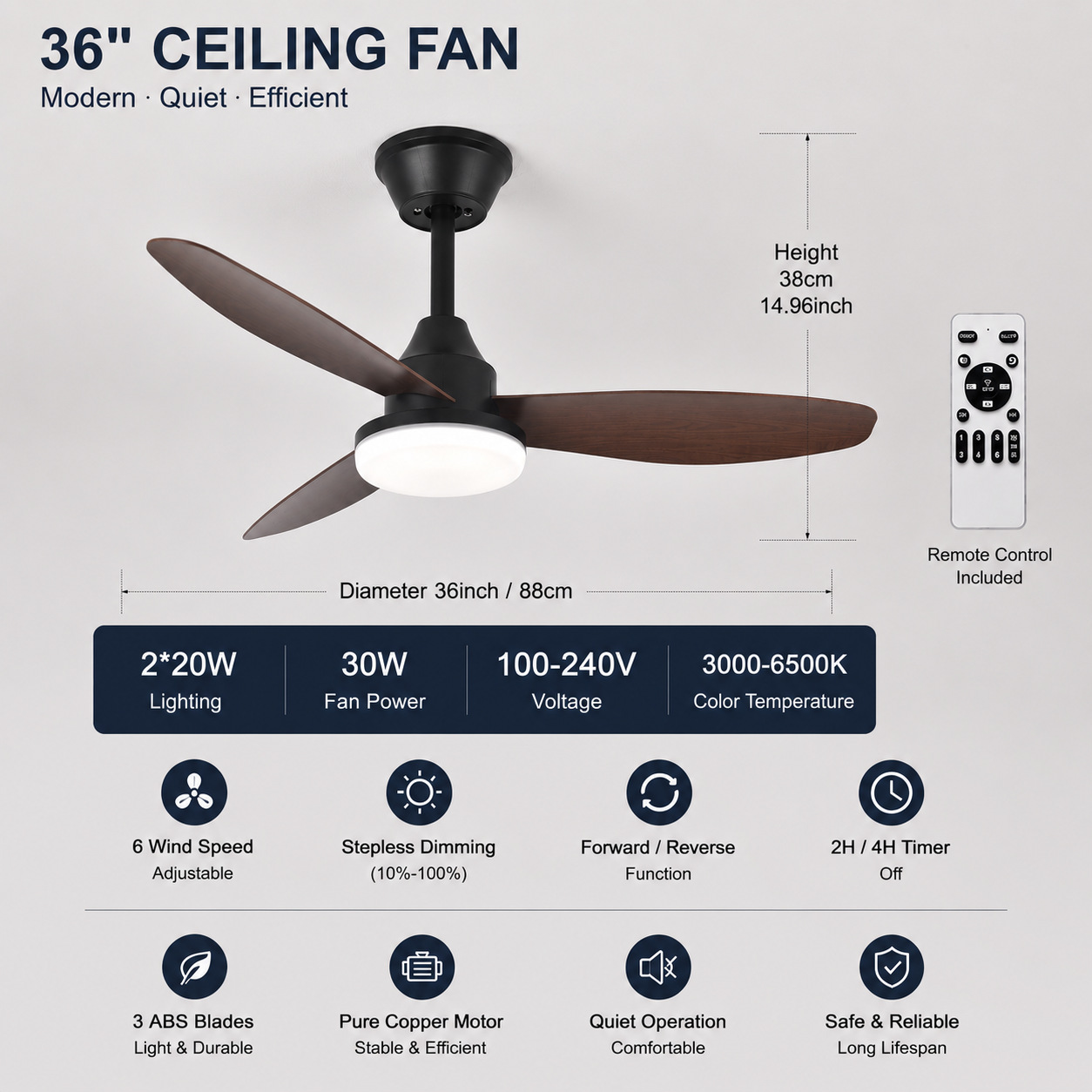 Ventilador de Techo Retro con Luz de Acrílico y ABS con Control Remoto para Sala de Estar y Comedor