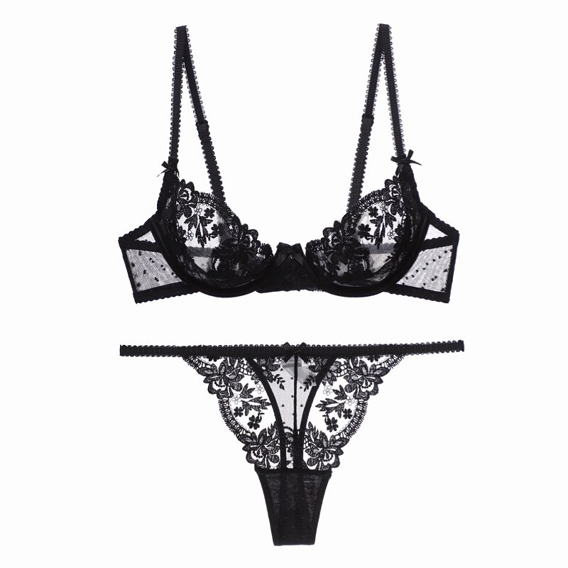 French lace hollow-out sexy underwear with steel ring thin summer hot see-through bra T pants suit