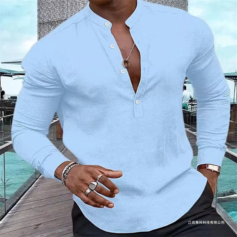Fashionable Men's Solid Color Linen Shirt with Half-Buttoned Stand Collar, Muscle-Fit Top, Street Style, Soft and Comfortable 2026