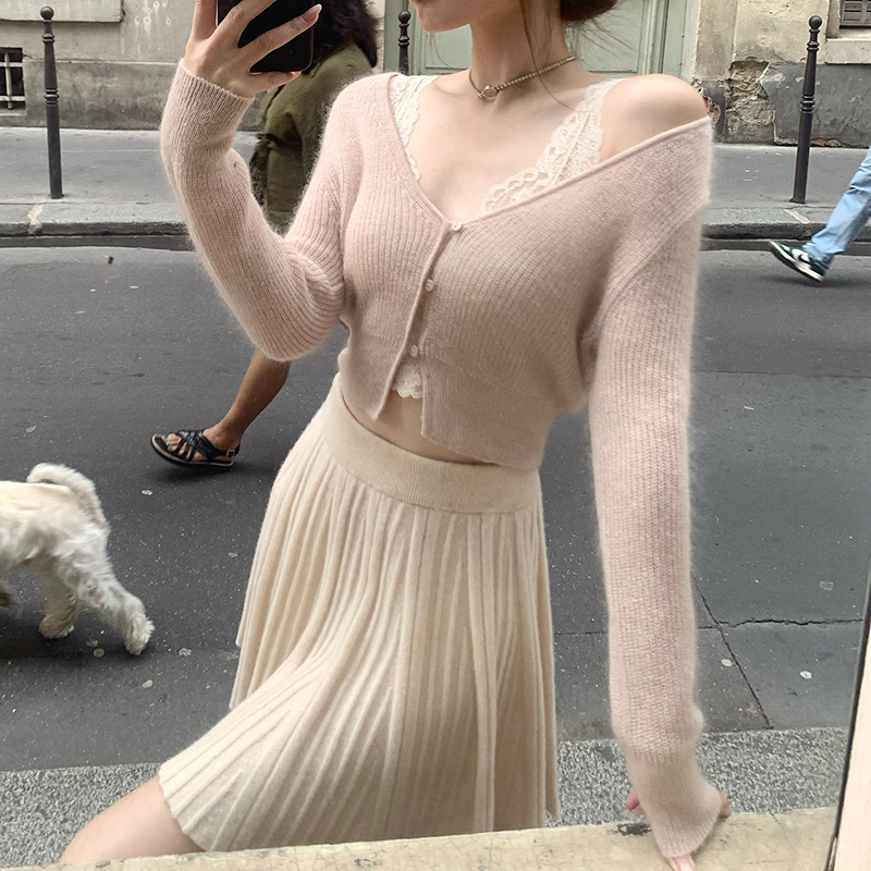 In Stock Kyoto Sweet Dreams_ Exquisite Yarn with Rhinestones V-Neck Custom-Dyed Mohair Cardigan Knit Short Top for Autumn