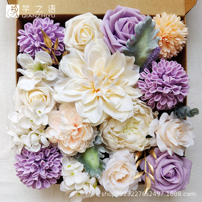 亞馬遜手工制品仿真絹花盒婚禮訂婚手捧花籃DIY禮物玫瑰混搭紫色