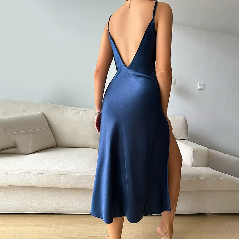 Women’s silk long nightdress, backless with strap bra and high side slit