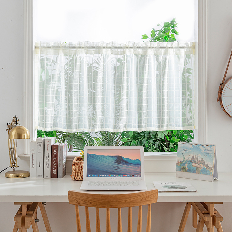Customized New Cross-Border Solid Color Plaid Sheer Short Curtain Door Curtain for Bedroom, Balcony, Kitchen, Small Cross-Border Hot Sale
