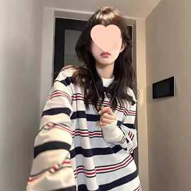 女装小众新款宽松慵懒风条纹oversize卫衣休闲百搭长袖t恤女 上衣