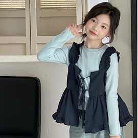 女童2026新款秋款长袖T恤韩版穿搭中大童女孩秋款格子背心两件套