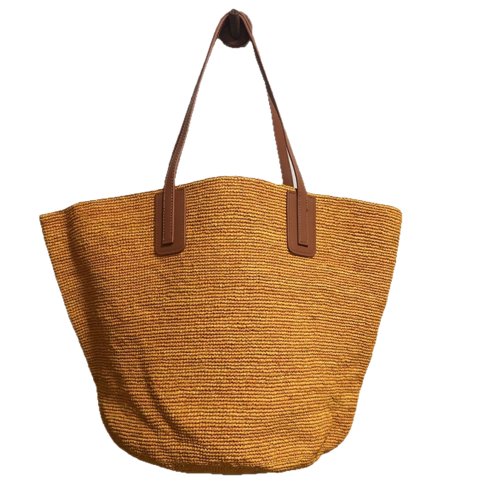 French Minimalist Genuine Leather Strap Raffia Woven Bag For Women, Large Capacity Shoulder Bag For Beach Vacation, Vintage Tote Bag - Thumbnail 5