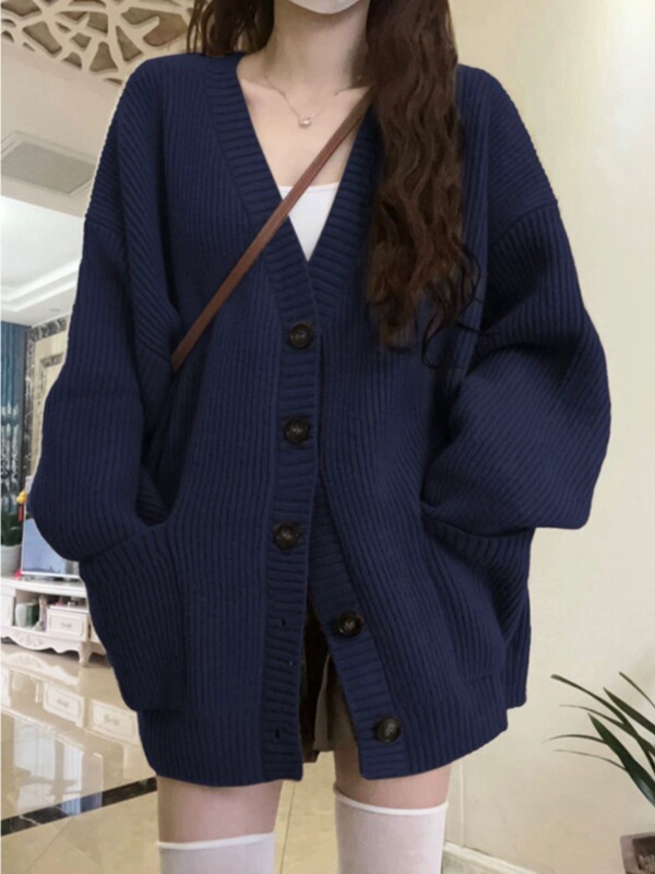 Trendy Navy Blue Knitted Cardigan Loose Sweater Coat for Women Autumn Winter Popular Thick