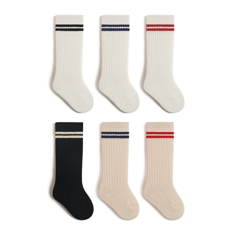 Calcetines para niños, calcetines finos de algodón de primavera y otoño, niños y niñas, estudiantes, estilo universitario, barras paralelas de color sólido, calcetines altos antibacterianos deshuesados
