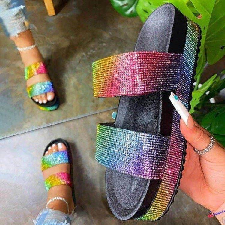 Comercio exterior 43 nueva plataforma al aire libre sandalias de las mujeres rhinestone lentejuelas zapatillas de playa moda muffin zapatillas de cuero