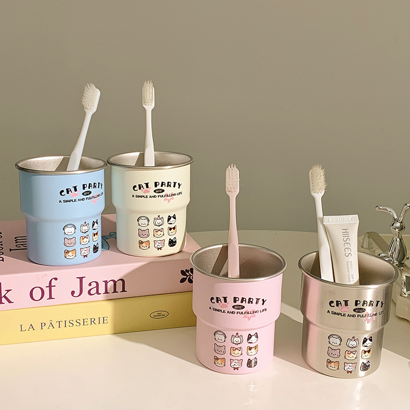 Kitten High-End Cartoon Family Mouthwash Cup High-Looking Couple Home Family Toothbrushing Cup Student Stainless Steel Cup