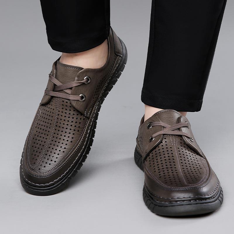 2023 년 여름 남성 레이스 업 소프트 가죽 캐주얼 남성 신발 빈 국경 고무 솔 홀 신발 BAITA 통기성 가죽 샌들