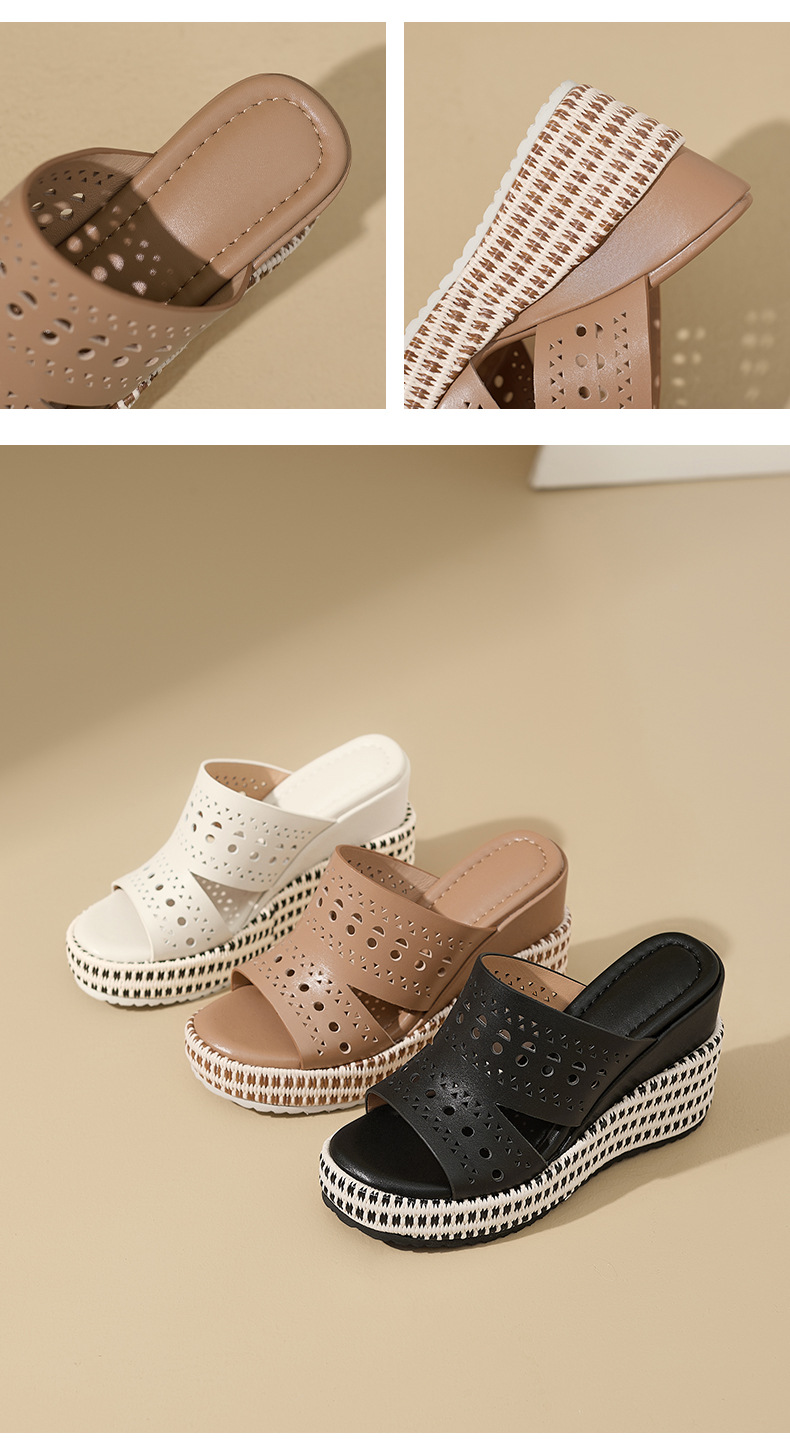 Sandal hở mũi nữ da bò cao cấp đế xuồng tăng chiều cao — màu đen, Trắng kem-, màu mơ chi tiết 15