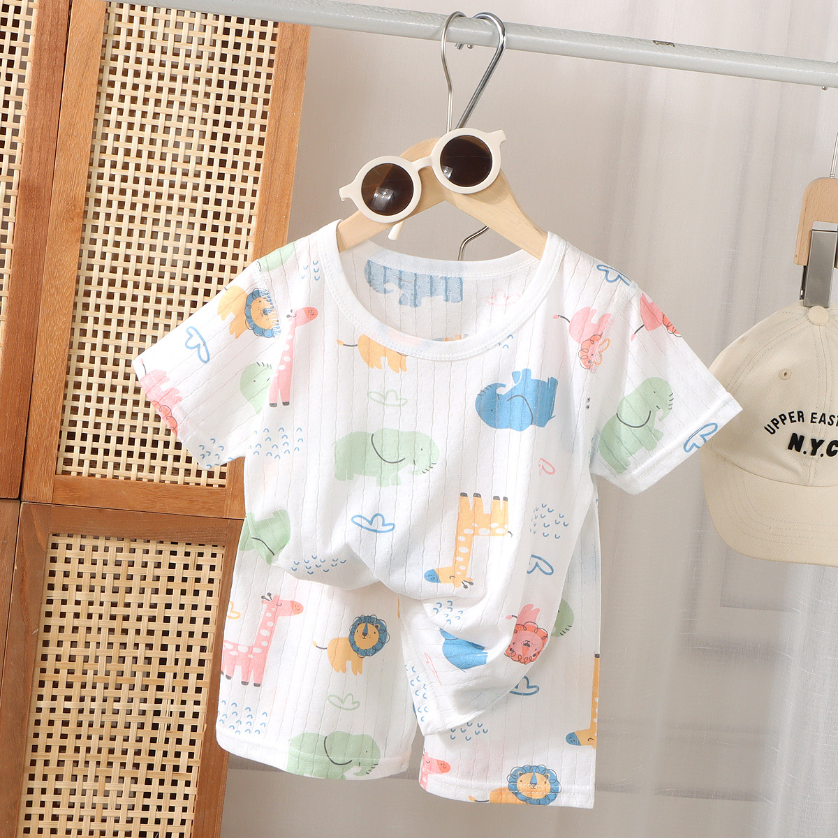 Traje de ropa para el hogar de algodón de verano para niños, pantalones cortos de manga corta para niños y niñas, pijama de dibujos animados para niñas, ropa de aire acondicionado para bebés