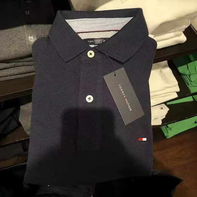 Tommy Short-Sleeved Polo Shirt Men's Solid Color Lapel T-Shirt Half-Sleeve Pique Cotton Authentic