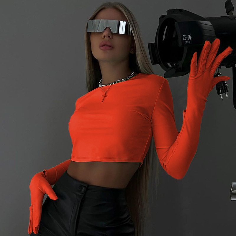 Damen 2024 Sommer Neue Mode Einfarbig Slim Fit Offene Nabelschnur Rundhals Langarm Handschuh T-Shirt Top_voghion.com